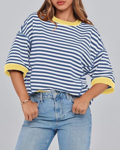 BTFBM Women Oversized Striped T Shirts Short Sleeve Summer Tops Casual Loose Crewneck High Low Hem Color Block Y2k Tees in Saudi Arabia