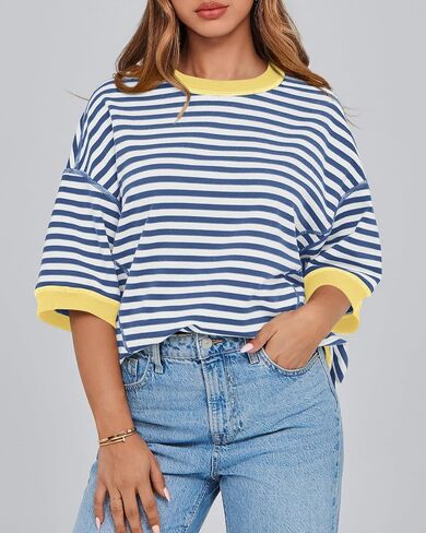 BTFBM Women Oversized Striped T Shirts Short Sleeve Summer Tops Casual Loose Crewneck High Low Hem Color Block Y2k Tees in Saudi Arabia
