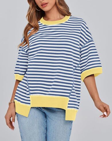 BTFBM Women Oversized Striped T Shirts Short Sleeve Summer Tops Casual Loose Crewneck High Low Hem Color Block Y2k Tees in Saudi Arabia