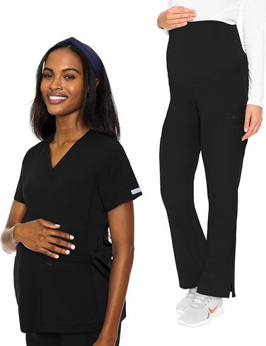 Med Couture Women's Maternity Scrub Set 5 Pockets V-Neck Top with Hemline MC628 Waist Panel for Belly Coverage Pant MC028, Black - 3XL Top / 3XL Pant in Saudi Arabia