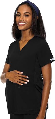 Med Couture Women's Maternity Scrub Set 5 Pockets V-Neck Top with Hemline MC628 Waist Panel for Belly Coverage Pant MC028, Black - 3XL Top / 3XL Pant in Saudi Arabia