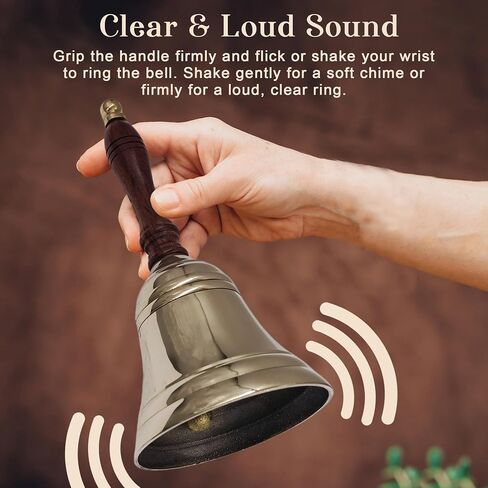 8.5"(H) 4"(D) Antique Brass Hand Bell Solid Brass Bell with Wooden Handle Bell Perfect for Dinner, Indoor, Outdoor, School, Bar, Reception, Last Order & Church by THDC in Saudi Arabia