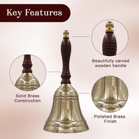 8.5"(H) 4"(D) Antique Brass Hand Bell Solid Brass Bell with Wooden Handle Bell Perfect for Dinner, Indoor, Outdoor, School, Bar, Reception, Last Order & Church by THDC in Saudi Arabia