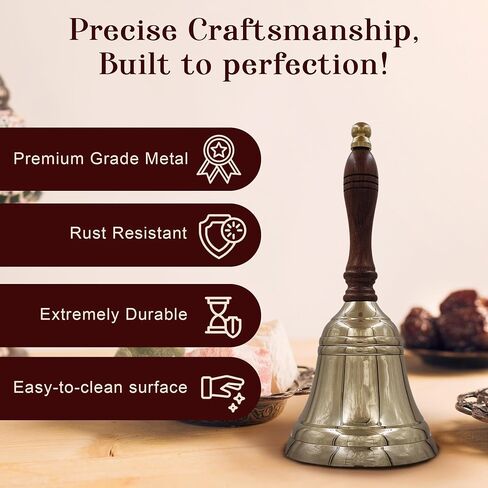 8.5"(H) 4"(D) Antique Brass Hand Bell Solid Brass Bell with Wooden Handle Bell Perfect for Dinner, Indoor, Outdoor, School, Bar, Reception, Last Order & Church by THDC in Saudi Arabia