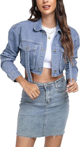 andy & natalie Womens Jean Jacket Cropped Fashion Button Down Denim Jackets Short Shacket Outfit in Saudi Arabia