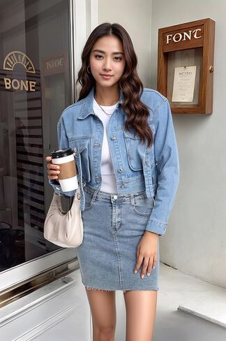 andy & natalie Womens Jean Jacket Cropped Fashion Button Down Denim Jackets Short Shacket Outfit in Saudi Arabia