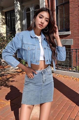 andy & natalie Womens Jean Jacket Cropped Fashion Button Down Denim Jackets Short Shacket Outfit in Saudi Arabia