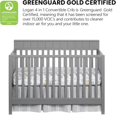 سرير أطفال أكسفورد بيبي لوجان 4 في 1 قابل للتحويل، باللون الرمادي الداكن، ومعتمد من GreenGuard Gold in Kuwait