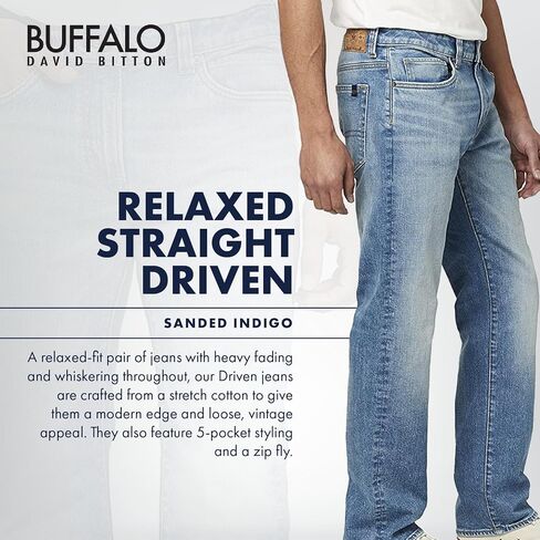Buffalo David Bitton Men's Relaxed Straight Driven Jeans, Mid Blue Sanded, 38 32 in Saudi Arabia