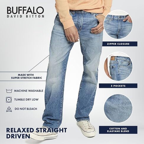 Buffalo David Bitton Men's Relaxed Straight Driven Jeans, Mid Blue Sanded, 38 32 in Saudi Arabia