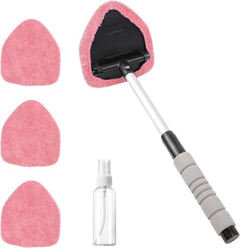 Car Windshield Cleaning Tool, Car Windshield Window Cleaner, Auto Window Glass Cleaning Kit with Extendable Handle & Reusable Microfiber Pad & Spray Bottle, Universal Car Accessories (Pink) in Kuwait