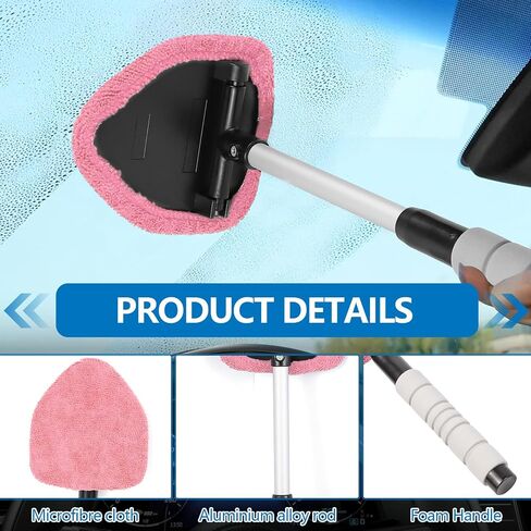 Car Windshield Cleaning Tool, Car Windshield Window Cleaner, Auto Window Glass Cleaning Kit with Extendable Handle & Reusable Microfiber Pad & Spray Bottle, Universal Car Accessories (Pink) in Kuwait