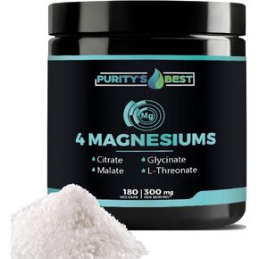 Purity's Best 4 MAGNESIUMS, Premium Magnesium Glycinate, Malate, L-Threonate, Citrate, 300mg, 180 Veggie Capsules, Third Party Tested, 3 Months’ Supply, Muscle Energy Nerve and Cognition Support