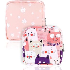 Portable First Period Pouches for Teen Girls, 2pcs Period Bag Feminine Pouch for Sanitary Napkin Small Tampons, Sanitary Pad Storage Bag, Holder Tampon Bags for Girls Ladies Women (Cat)