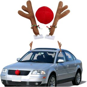 Christmas Car Reindeer Antlers and Nose Decorations Kit Vehicle Costume Plush Rudolf Red Nose Deer Antlers Auto Accessories