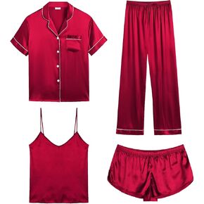SWOMOG Womens Silk Satin Pajamas Sets 4pcs Sleepwear Sexy Cami Shorts Set and Button Down Short Sleeve Pjs Loungewear