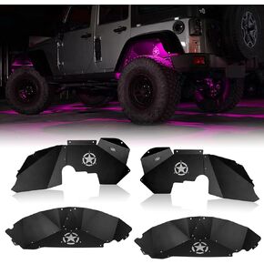 Front and Rear Inner Fender Liners Kit with LED Neon Light for 2007-2018 Jeep Wrangler JK & Unlimited 2/4 Doors Five Star Logo