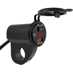 Motorcycle USB Charger 12V 2.4A 3.0 Motorcycle Phone Charger Adapter with Digital Voltmeter & ON/Off Switch Fits for 22mm-26mm Handlebars