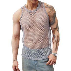Oyoangle Men's Fishnet Tank Top Crew Neck Mesh Alcyveless Muscle Tops Clubwear