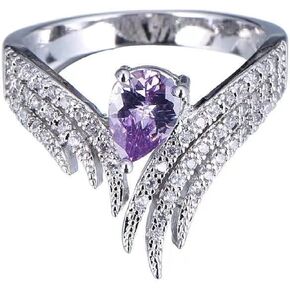 XINQI Birthday Stone for her Silver 925 Couple Ring Wedding Ring New Personality Simple Wings Ring Female Angel Wings Inlaid Purple Gemstone Ring (7)