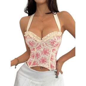 Women's Floral Ruffle Sexy Halter Tops Lace Up Corset Sleeveless Going Out Bustier Crop Top Summer Trendy