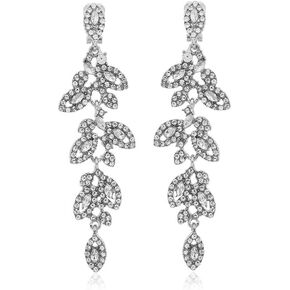 Dangle Drop Clip on Earrings for Non Pierced Ears - 925 Sterling Silver Plated Cubic Zirconia Long Tassel Clip Earrings Leaf Earrings for Women Jewelry Gifts Wedding Party Prom