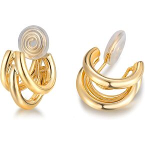 LAXPICOL Fashion 14K Gold Plated Sleek Hoop Clip On Earrings For Women No Piercing Earrings