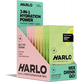 Harlo - Variety 12-Pack Electrolyte Mix with Added Bovine Collagen & Creatine - Creatine Monohydrate Powder, Energy Drink Powder, Sugar Free Energy Drinks - Citrus, Pineapple, Raspberry, Watermelon