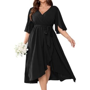 Womens Plus Size Wedding Guest Cocktail Dress Wrap V Neck Flutter Sleeve High Low Hem A-Line Midi Dresses