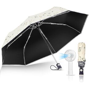2 Pcs UV Sun Travel Umbrella and Mini Portable Fan Small Automatic Reverse Folding Rain Umbrella for Lightweight Women Men Parasol Outdoor Sun Protection