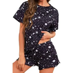 Pajama Set for Women 2 Piece Sleepwear Short Sleeve Tops and Shorts Soft Print Lounge Set