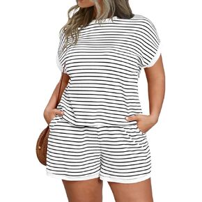 Beautife Womens Plus Size Lounge Set 2 قطعة شريط مختصرة قمصان بأكمام قصيرة