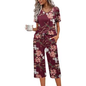 Ekouaer Womens Pajama Set 2 Piece Cotton Pj Short Sleeve Sleepwear Top with Capri Pants Print Nightwear