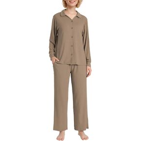 Latuza Women's Petite Pajamas Set Ribbed Knit Long Sleeve Pajamas Petite Size