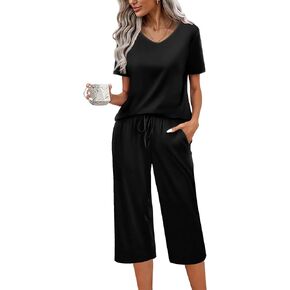 Ekouaer Womens Pajama Sets Soft Cotton Pj Short Sleeve Top with Capri Pants Sleepwear 2 Piece Print Loungewear,S-XXL in Kuwait