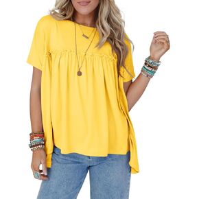 Cicy Bell Women Summer Babydoll Tops Pleated Short Sleeve Crew Neck Peplum Blouse Casual Loose Fit T Shirts