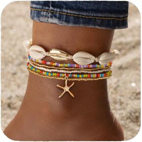 Nanafast Beaded Boho Anklets for Women, Beachy Shell Anklets for Women, Puka Shell & Starfish Charms Beach Jewelry Adjustable