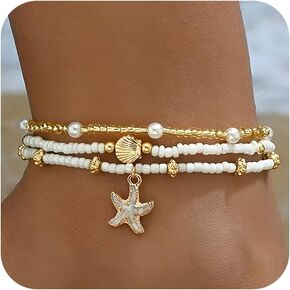 3 Pcs Shell Anklet Set for Women Adjustable Boho Beaded Anklets Sea Shell Starfish Sea Turtle Ankle Bracelets Summer Beach Chainlets Hawaiian Foot Jewelry Accessories
