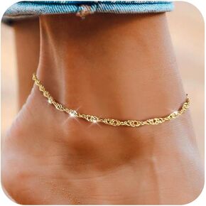 Gold Anklet Ankle Bracelets for Women, 14k Gold Plated Silver Anklet for Women Trendy Cute Dainty Twist Chain Adjustable Hypoallergenic Waterproof Anklets Summer Beach Jewelry Gift