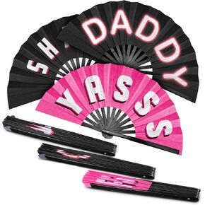 Amyhill 3 Pcs Large Bamboo Hand Fan,folding, Foldable,Yasss,Shade,Daddy, Handheld Chinese Fan for Women Men Festivals Parades Burlesque Party Performance Dance, 26 Inch (Novelty)