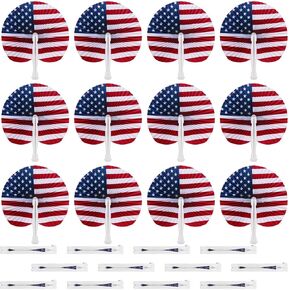 12 PCS Red White and Blue Folding Fans Patriotic Decoration 4th of July Stars and Stripes Round Handheld American Flag Paper Fan for Fourth of July Independence Day Party Favors Labor Day Veterans Day