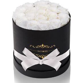 NATROSES Preserved Roses in a Round Box, Flowers for Delivery, Flowers for Women (White)