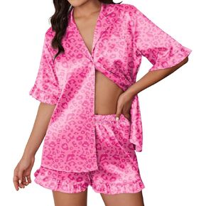 Ekouaer Womens Satin Pajamas لطيف كشكش الأكمام المطبوعة زر ملابس النوم أسفل مجموعة PJS الحرير