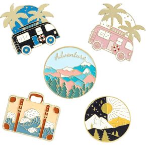 5PCS Tropical Advanture Mountain Wave Enamel Pins Bulk, Cartoon Cute Cool Vibes Briefcase Lapel Backpack Hat Pin Set, Decorative Crooches Button for Jeans, Jackets, Bags, Dress, Shoes