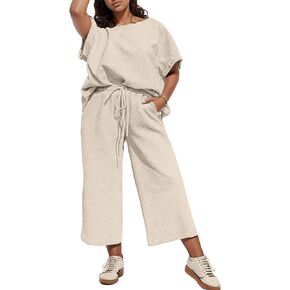 UOUA Womens Plus Size Sweatsuit 2 Piece Outfits Summer Short Sleeve Tops Wide Leg Pants Tracksuit Lounge Sets