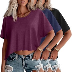 Huukeay 3 Pack Oversized Cropped T Shirts for Women Casual Short Sleeves Crop Tops Crew Neck Irregular Hem Baggy Tees
