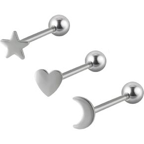 3Pcs 14G Star Heart Moon Tongue Rings for Women Men Surgical Steel Tongue Studs Barbell Cartilage Helix Earrings Body Piercing Jewelry