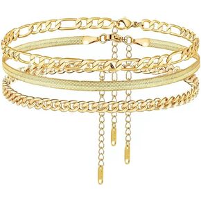 CAROVO Gold Ankle Bracelets for Women 14K Real Gold Plated Layered Anklet Waterproof Set Snake Sparkly Cuban Link Figaro Bead Paperclip Butterfly Chain Stackable Anklets Set Beach Jewelry for Women