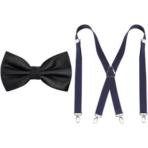 Alizeal Men's Solid Formal Banded Bow Ties-Black, 1 Inch Suspenders with 4 Swivel Hooks & Elastic Band-Navy
