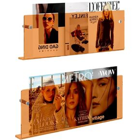 2 Pack Acrylic Magazine Holder, Wall Mounted Magazine Rack Floating Bookshelf for Waiting Room, Living Room, Office, Home (Orange, 16 Inch)